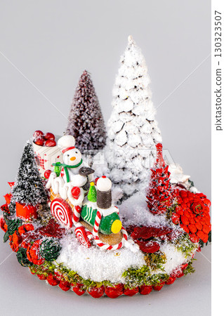 Christmas tree table handmade arrangement mini decoration for new year artificial on white background isolated 130323507