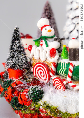Christmas tree table handmade arrangement mini decoration for new year artificial on white background isolated 130323508