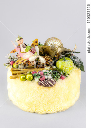 Christmas table composition. Beautiful decoration. Christmas trees, candles, stars, lights and elegant accessories. Merry Christmas and Happy Holidays, Template. 130323526