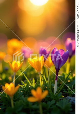 Yellow and purple crocuses blooming in spring meadow at sunset 130323630