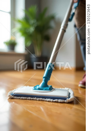 Janitor cleaning wooden floor with modern mop in a bright room Janitor cleaning wooden floor with modern mop in a bright room 130323643
