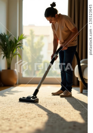 Housekeeper vacuuming carpet in modern living room 130323645