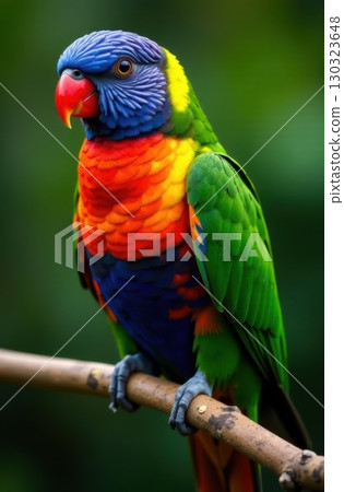 Rainbow lorikeet perching on branch displaying vibrant plumage 130323648
