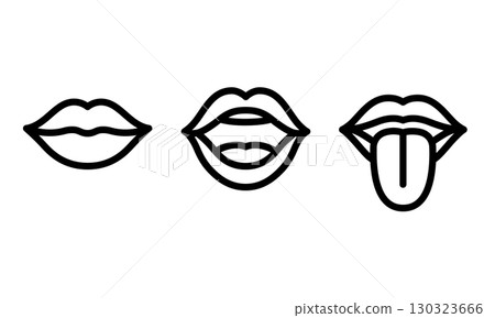 張開嘴、閉上嘴巴和伸出舌頭的嘴唇圖標集 130323666