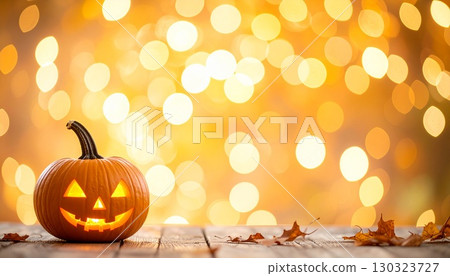 Carved pumpkins on a soft orange bokeh background 130323727