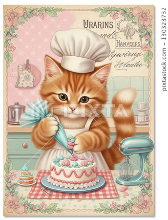 Antique cat illustration enjoying baking | Vintage postcard-style cat pastry chef 130323732