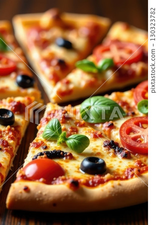 Delicious pizza slices with tomato, basil, and olives on wooden table 130323782