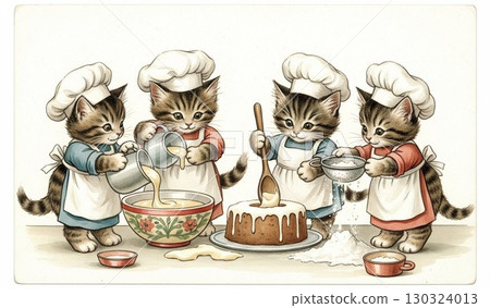 Antique cat illustration enjoying baking | Vintage postcard-style cat pastry chef Antique cat illustration enjoying baking | Vintage postcard-style cat pastry chef 130324013