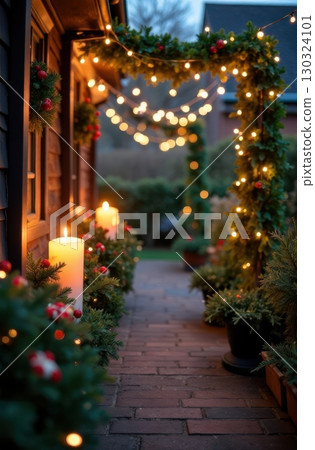 Christmas lights and candles illuminating a brick pathway at dusk 130324101