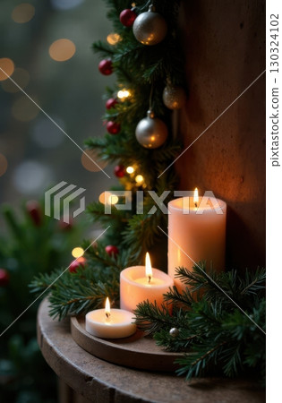 Burning christmas candles creating cozy festive atmosphere 130324102