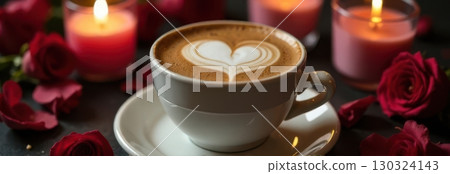 Cappuccino with latte art heart and roses for valentine's day banner 130324143