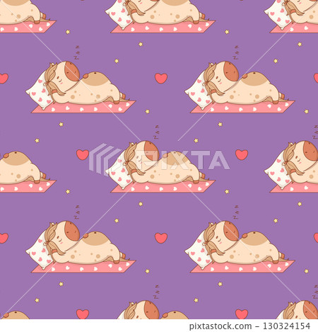 Seamless pattern with Cute Sleepy Horse on Purple background. Funny Adorable resting Animal Pony Kawaii character. Vector illustration. Kids collection. Not AI Seamless pattern with Cute Sleepy Horse on Purple background. Funny Adorable resting Animal Pony Kawaii character. Vector illustration. Kids collection. Not AI 130324154