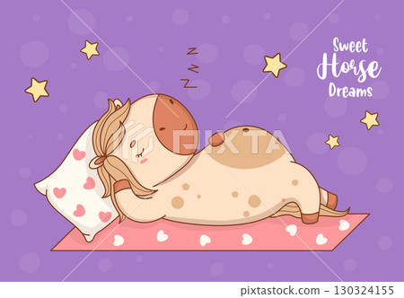 Cute Sleepy Horse on Rug and Pillow. Adorable Pony Kawaii Animal. Sweet Dream. Funny Card with Slogan. Vector illustration. Not AI 130324155