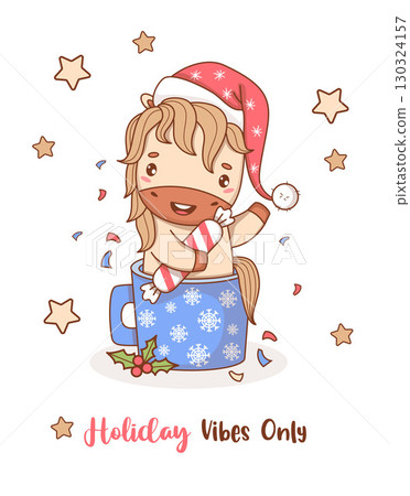 Cute Happy Christmas Horse in Santa hat with Candy in Winter Cup. New Year Funny kawaii animal. Symbol of year 2026 to Eastern calendar. Vector illustration. Holiday cool card. Not AI Cute Happy Christmas Horse in Santa hat with Candy in Winter Cup. New Year Funny kawaii animal. Symbol of year 2026 to Eastern calendar. Vector illustration. Holiday cool card. Not AI 130324157