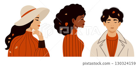 Elegant diverse Autumn pretty Woman with fall Leaves collection. Isolated Fashionable modern Female portraits on white background. Vector illustration. Not AI 130324159