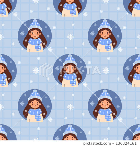 Winter seamless pattern with Cute Girl in Hat and Scarf Under Snowflakes on Blue Checkered Background. Vector illustration. Template for seasonal design, packaging, wallpaper and textile. Not AI 130324161