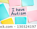 Flat lay of colorful notes with text I have Autism on pink note 130324197