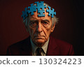 Lost in Thought Sad Man with Puzzle Pieces on His Head on black background 130324223