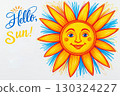 Text Hello Sun and smiling Sun in scribbles chaotic wax crayon drawing style on white background 130324227
