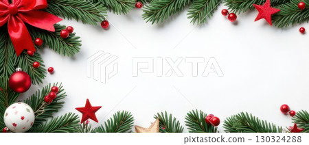 Christmas banner with fir branches, red berries, stars, and baubles framing white background with copy space. 130324288