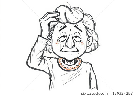 Sketch portrait of an old woman holding her hand on her head showing memory loss on white background 130324298