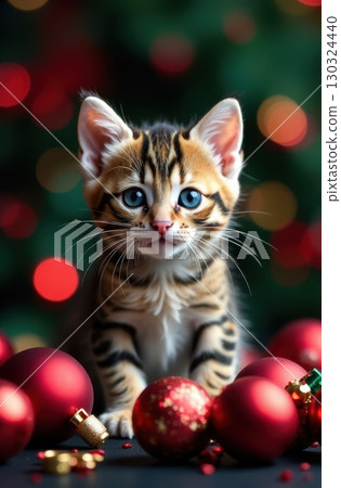 Cute kitten sitting near christmas ornaments with christmas tree in background Cute kitten sitting near christmas ornaments with christmas tree in background 130324440