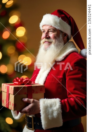 Santa claus holding christmas gift near decorated tree 130324441