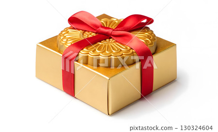 Golden gift box with a red ribbon showcasing a decorative top design for a special occasion 130324604