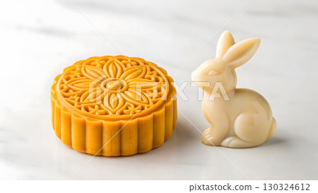 Colorful mooncake and rabbit figurine for traditional festival celebration in fall season 130324612