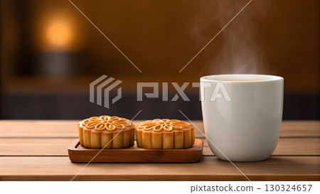 Delicious mooncakes and steaming tea on a wooden table for festive celebration Delicious mooncakes and steaming tea on a wooden table for festive celebration 130324657