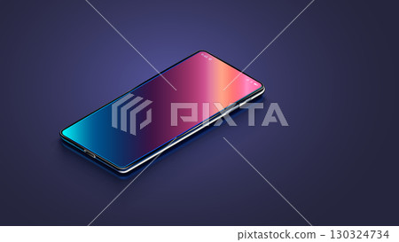 Phone mockup on desk. Modern vector realistic phone on dark blue desk in perspective view. Realistic vector illustration isometric phone. New shiny mobile cell smartphone with reflection on screen. Phone mockup on desk. Modern vector realistic phone on dark blue desk in perspective view. Realistic vector illustration isometric phone. New shiny mobile cell smartphone with reflection on screen. 130324734