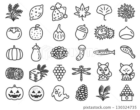 Illustration set of autumn tastes and autumn scenery icons (line drawings) 130324735