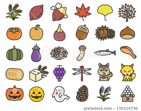 秋天的味道和秋天的風景圖標插圖集(線條畫顏色) 秋天的味道和秋天的風景圖標插圖集(線條畫顏色) 130324736