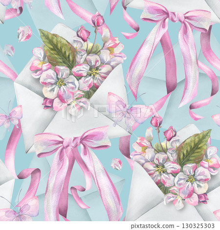 Apple blossom in envelopes with pink ribbons and bows, seamless pattern on blue background hand drawn watercolor illustration, perfect for romantic textile design, wallpapers, and packaging projects. 130325303