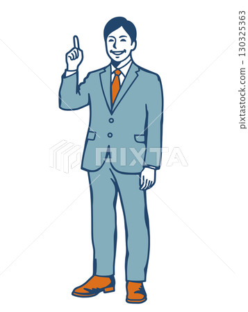 一位身穿西裝的商人微笑著向上指的插圖 130325363