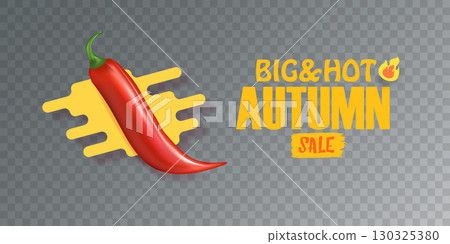 Big Hot Autumn sale horizontal banner with red chili cayenne pepper isolated on transparent background. Vector 3d horizontal Autumn hot sale poster, flyer, banner, tag and background 130325380