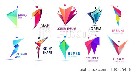 Vector set of people logos. Community, together, family signs. Health and sport, winner and business leader origami geometric colorful logotypes. Medical care, charity and success person design Vector set of people logos. Community, together, family signs. Health and sport, winner and business leader origami geometric colorful logotypes. Medical care, charity and success person design 130325466