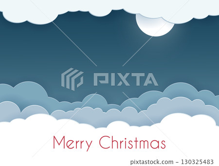 Merry Christmas. Paper cut clouds and snowdrifts on blue night sky and full moon background. Vector illustration, seasonal promotion. Merry Christmas. Paper cut clouds and snowdrifts on blue night sky and full moon background. Vector illustration, seasonal promotion. 130325483