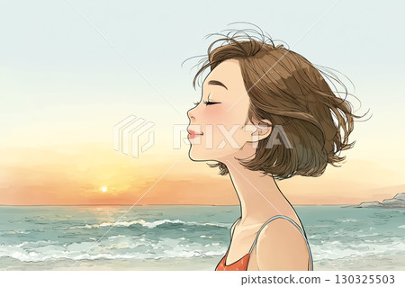 Miyu Series: Short bob female surfer listening to the sound of waves at sunset 130325503