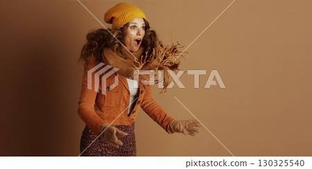 Surprised Woman in Autumn Winter Attire 130325540