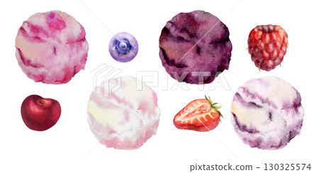 Rounded scoop of gelato ice cream, assorted berry flavors, blueberry raspberry strawberry cherry. Isolated illustration hand drawn in watercolor. Dessert decor, snack branding, frozen treat packaging. 130325574