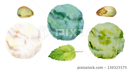 Ball scoop of gelato ice cream sorbet, assorted flavors mix, mint leaf, pistachio nut shell and kernel. Isolated illustration hand drawn in watercolor. Dessert snack branding, frozen treat packaging. 130325575