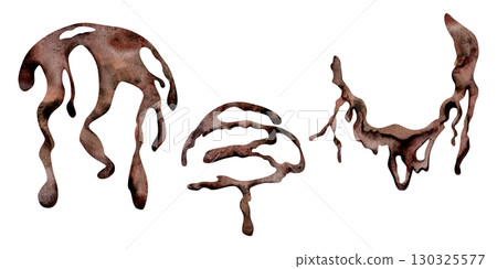 Drizzle of glossy melted chocolate syrup with flow marks, thick dripping swirl. Isolated illustration hand drawn in watercolor. Dessert topping art, flavor pairing decor, frozen snack menu insert. 130325577