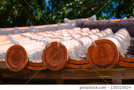 Ryukyu red roof tiles (beveled) on the roof of the palace garden on Kudaka Island, Okinawa 130325624