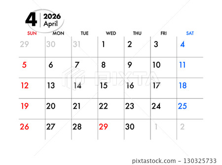 2026 Calendar April 130325733