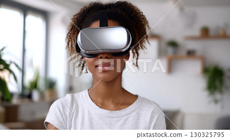 Cheery young african american lady in VR headset playing online game in virtual reality, driving imaginary car in neon light. Millennial black woman using auto simulator in cyberspace, collage 130325795