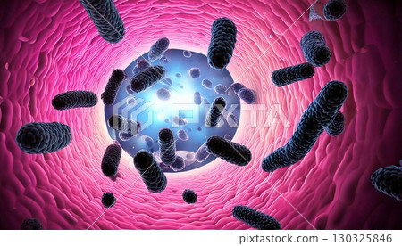 An image of an increase in bad intestinal bacteria floating in the intestines, a 3D illustration of a deteriorated intestinal environment 130325846