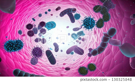 腸道內漂浮的有害腸道細菌增加的影像，腸道環境惡化的 3D 圖示 130325848