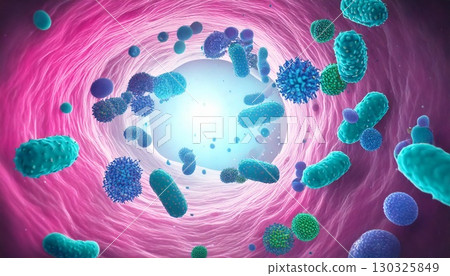 腸道內漂浮的有害腸道細菌增加的影像，腸道環境惡化的 3D 圖示 130325849