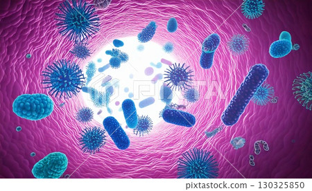腸道內漂浮的有害腸道細菌增加的影像，腸道環境惡化的 3D 圖示 130325850
